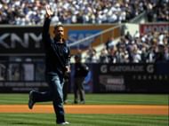 Jorge Posada on his way to throw out the first pitch